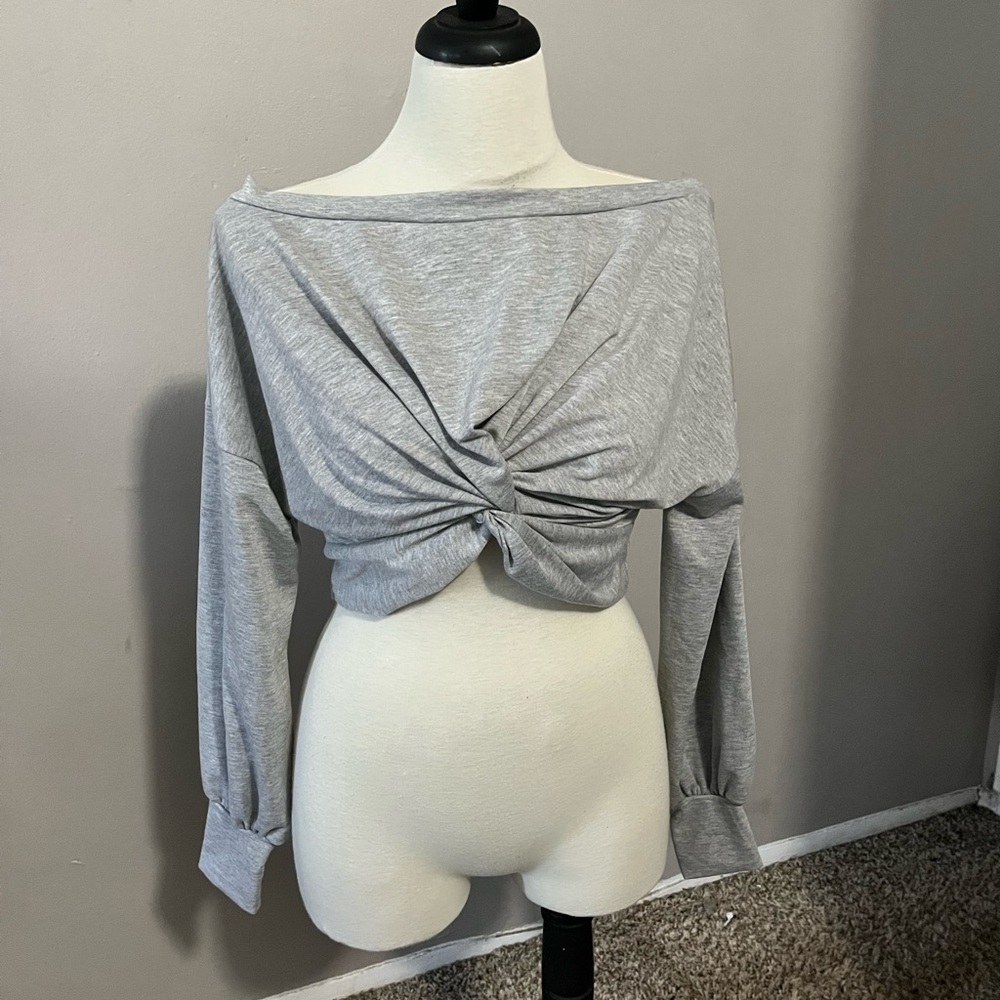 Grey off shoulder long sleeve crop shirt size large